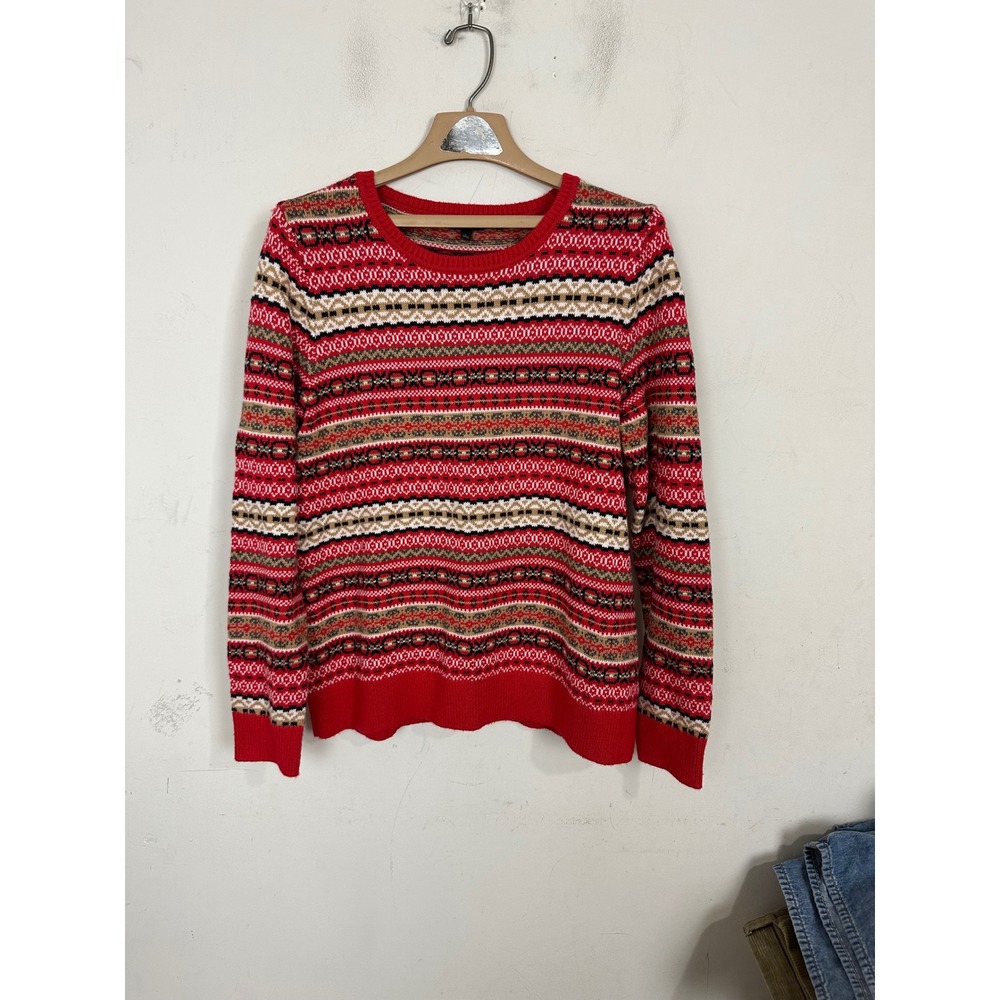 Talbots Womens Red Fair Isle Cotton Blend Crew Neck Sweater Large VN5400 06/22
